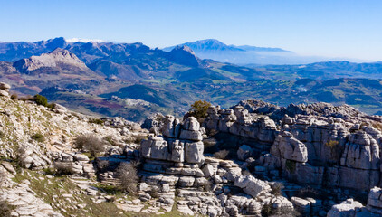 Aerial view of amazing karstic stone formations in Torcal de Antequera and Andalusian mountains in the province of Malaga, Spain