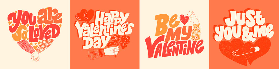 Vector card set for valentines day. Romantic collection for social media, print, t-shirt, card, poster, gift, landing page, web design elements. Hand-drawn lettering typography. Doodle illustration.