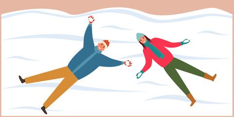 
Winter love illustration of man and woman in warm clothes lying in the snow. Cartoon vector in flat style. World Snow Day. Family play with snow. Day of Love.