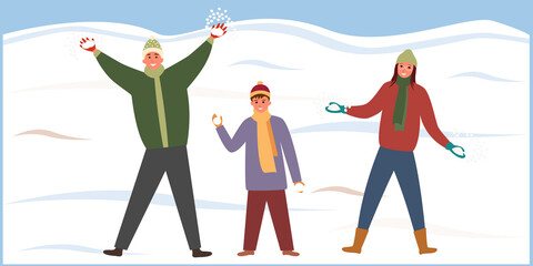 Winter picture of a family playing with snow. Cartoon vector in flat style. World Snow Day. Dad, mom and son walk and have fun at the weekend in the park in winter. Family leisure.