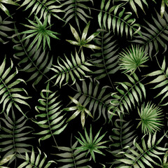 Fototapeta na wymiar Watercolor palm leaves pattern. Exotic tropic seamless background. Summer tiled texture on black background. For textile, wrapping, design, wedding, invitations