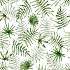 Naklejka na ściany i meble Watercolor palm leaves pattern. Exotic tropic seamless background. Summer tiled texture on white background. For textile, wrapping, design, wedding, invitations