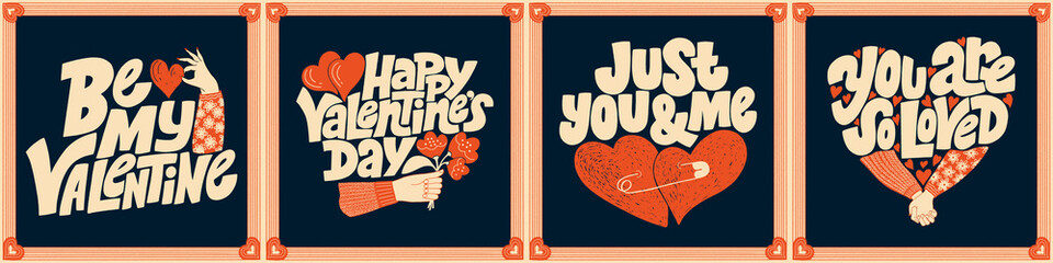 Vector card set for valentines day. Romantic collection for social media, print, t-shirt, card, poster, gift, landing page, web design elements. Hand-drawn lettering typography. Doodle illustration.