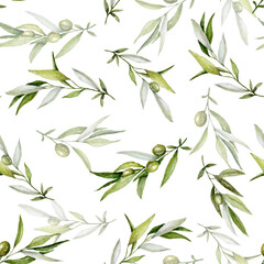 Fototapety  Akwarela oliwkowy wzór. Zielone gałązki oliwne bezszwowa tekstura na białym tle.
