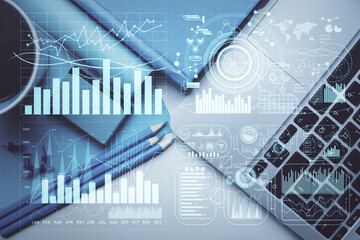 Double exposure of forex graph drawing over desktop background with computer. Concept of financial analysis. Top view.