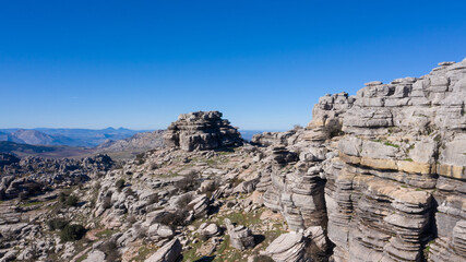Aerial view of amazing karstic stone formations in Torcal de Antequera, Andalusia, Spain