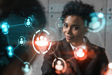 Two businesswomen work together in modern office on new project. Double exposure. Concept of...