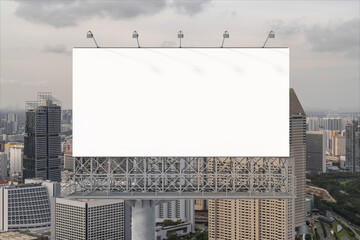 Blank white road billboard with Singapore cityscape background at sunset. Street advertising poster, mock up, 3D rendering. Front view. The concept of marketing communication to sell idea.