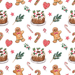 seamless pattern. Watercolor gingerbread cookies, cake, greenery, berries on white background. Winter holiday food and desserts print.