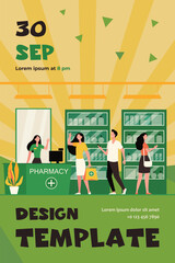 Customers and pharmacist in pharmacy store. People buying medication in drugstore. Flat vector illustration for service, treatment, pharmaceutics concept