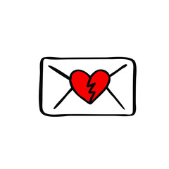 Mail letter broken heart doodle logo icon sign love parting symbol emblem Hand drawn sketch Cartoon cute style game design Fashion print clothes apparel greeting invitation card cover flyer poster