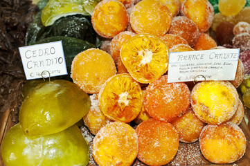 Candied oranges and citrons a Sicilian pastry shop.