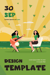 Female friends relaxing by lake. Women playing guitar and singing outdoors flat vector illustration. Outdoor activity, recreation, leisure concept for banner, website design or landing web page