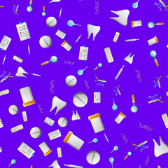Endless seamless pattern of medical scientific medical objects icons jars with pills thermometers enemas documents on a blue background.  illustration