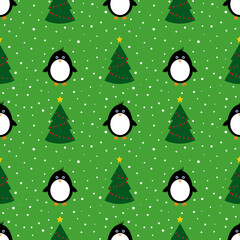 Seamless pattern with penguin and Cristmas tree on green background . Christmas background. Snowy Design for print, wrapping. New year wallpaper