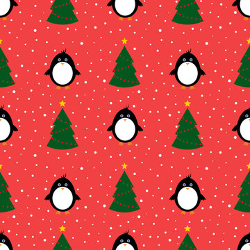 Seamless pattern with penguin and Cristmas tree on red background . Christmas background. Snowy Design for print, wrapping. New year wallpaper