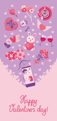 Fototapeta na wymiar Valentine's day flyer with attributes and symbols of the holiday. Vector illustration, postcard, invitation, voucher, banner. Vertical
