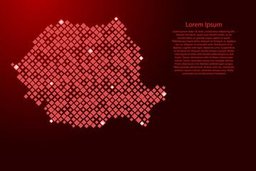 Romania map from red pattern rhombuses of different sizes and glowing space stars grid. Vector illustration.
