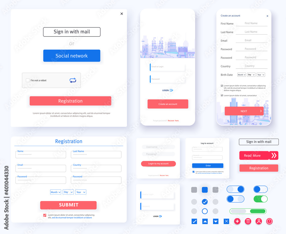 Fototapete Log in screen. Mobile application and site interface, registration form with login and password fields. Interface Registration form UX, UI, GUI screen template for website. New account. Create account