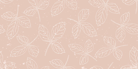 Beige textured foliage seamless pattern with leaves