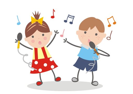 Singing kids, girl and boy with microphone, vector illustration