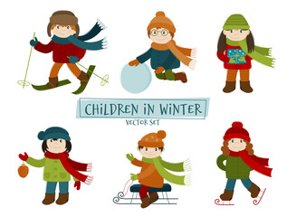 Children playing winter games. Vector set of children in winter.
