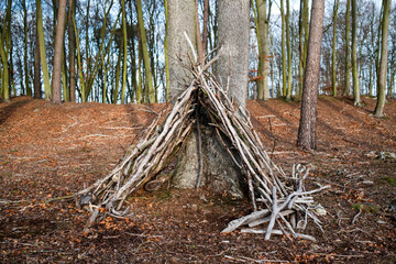 A hut made of poles in the forest. © Kozioł Kamila