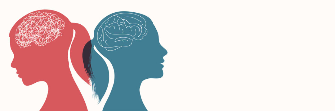Metaphor bipolar disorder mind mental. Double face.Split personality. Concept mood disorder.2 Head female silhouette. Psychology. Dual personality concept.Mental health.Untangle and brain