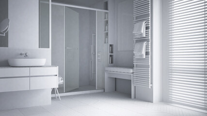 Total white project, minimalist bathroom with sink, large shower with glass cabin, heated tower rail, bench, herringbone parquet, window with venetian blinds, interior design concept