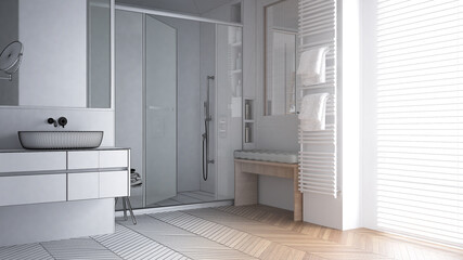 Architect interior designer concept: hand-drawn draft unfinished project that becomes real, bathroom with sink, shower glass cabin, heated tower rail, herringbone parquet, window