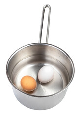 front view of two eggs in saucepan with water isolated on white background