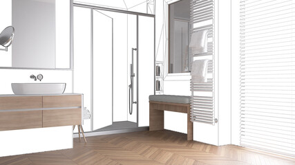 Minimalist bathroom with sink, shower glass cabin, heated tower rail, wooden bench, interior design concept idea, black ink sketch blueprint background, custom furniture project draft