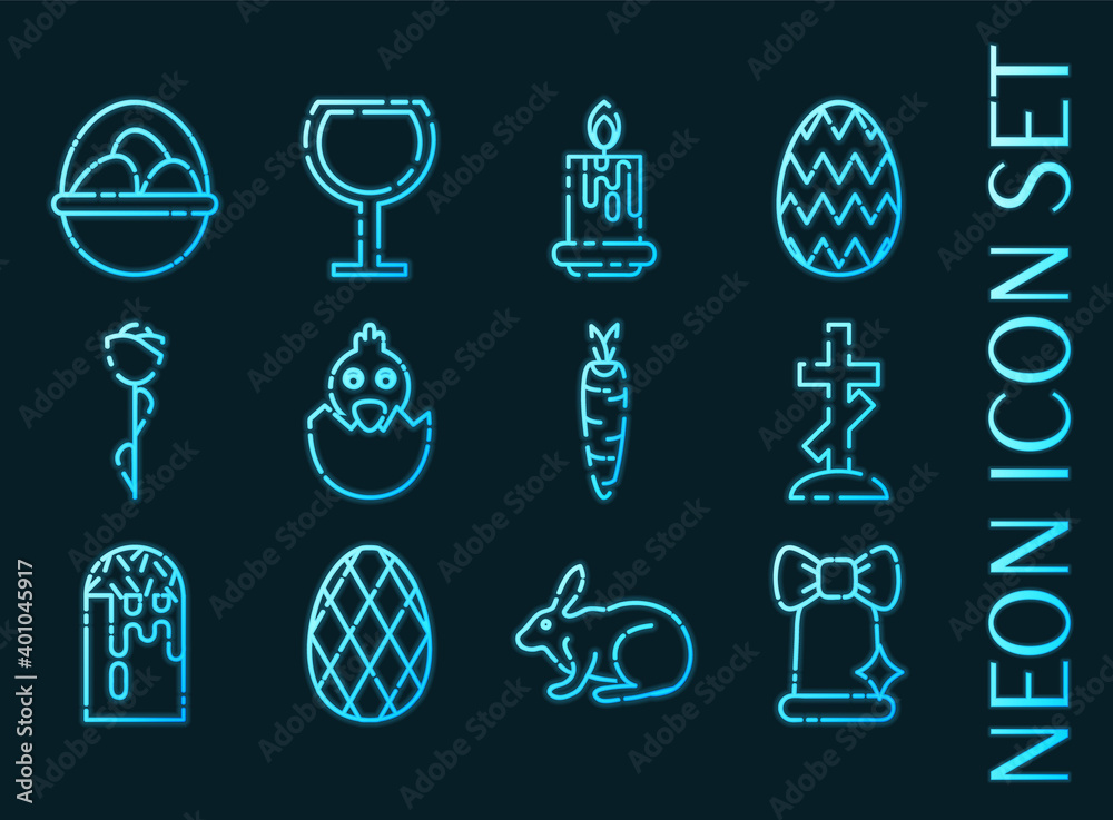 Wall mural set of easter blue glowing neon icons