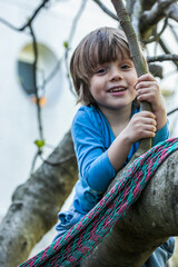 niño rubio vestido con ropa azul y colgado en un árbol mirando a cámara sonriente