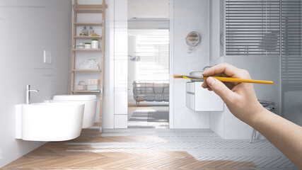 Blueprint project draft, sketch of minimalist bathroom, hand painting interior details, design...