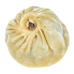 single steamed Mongolian dumpling Buuz filled with minced beef meat isolated on white background