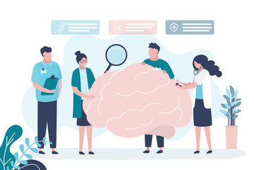 Doctors conduct various studies on brain. Female character examines brain with magnifying glass. Group of medical staff in white coats