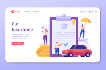 Car Insurance Vector illustration. People Buying Car Insurance and Signing Form with Red Auto. Concept of Car Insurance Services, Protection Property, Road Accident for Landing Page and Web Design