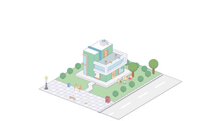 Suburbian buildings isometric compositions set with residential yards landscapes vector illustration