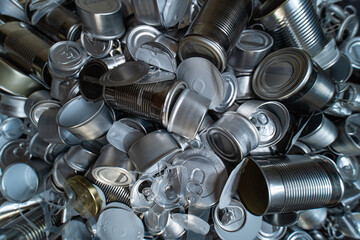 Recycle empty cans and tin for food and drink. Aluminum soda cans and food jars. Sorted metal trash and garbage ready for recycling. Steel rubbish. Zero waste and no pollution.