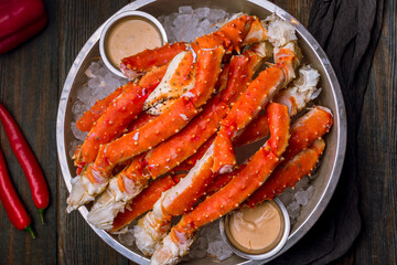 King crab claws on wooden table - 401046788
