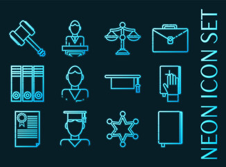 Law set icons. Blue glowing neon style.
