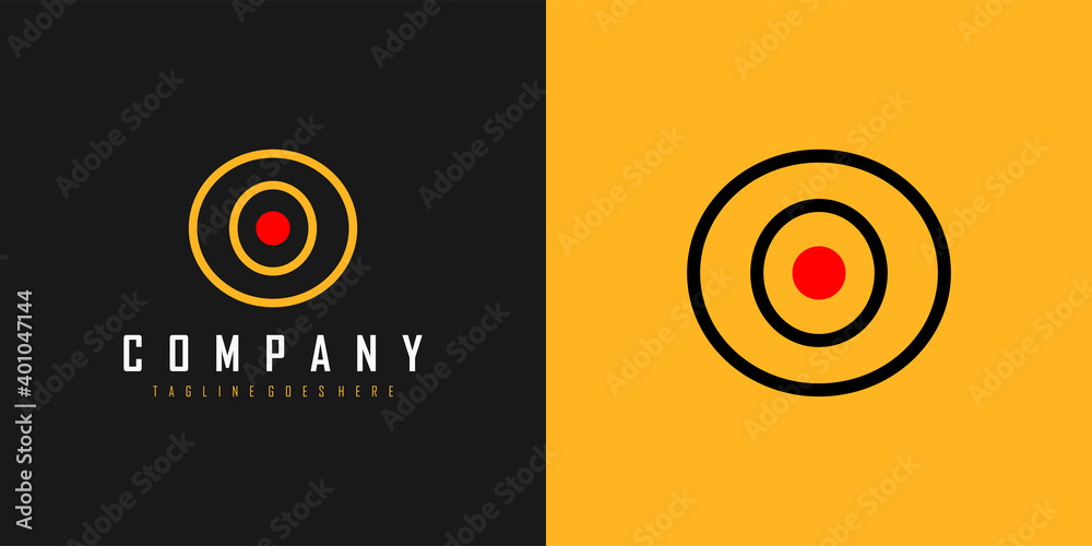 Poster initial letter o logo. black and yellow shapes circle line style with red dot inside isolated on dou