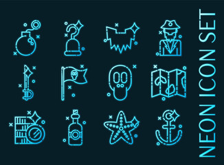 Piracy set icons. Blue glowing neon style.