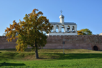 Fototapeta na wymiar Veliky Novgorod. Russia. Belfry of the Noovgorod Kremlin. Autumn view