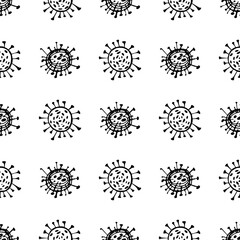 Seamless pattern of coronavirus microbes. Coronavirus 2019-nCoV. Doodle simple line elements from a medical concept. Editable vector stroke microbe. Virus, bacteria. Hand drawn illustration.