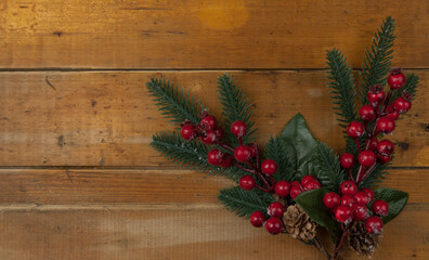 Christmas rustic background - vintage planked wood with Christmas fir tree and free text space. top view