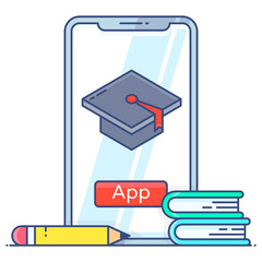 
Mobile educational app icon in flat outline design, mortarboard inside smartphone 
