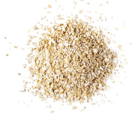 Oat bran pile isolated on white background, top view