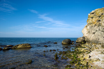 A picturesque bay surrounded by rocks on the Sea of Azov.